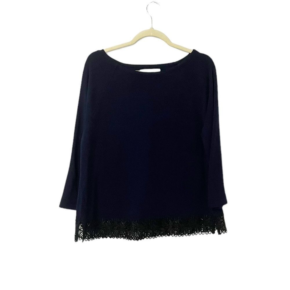 🟢Ann Taylor LOFT Navy With Black Lace Boat Neck 3/4 Sleeve Top Size L